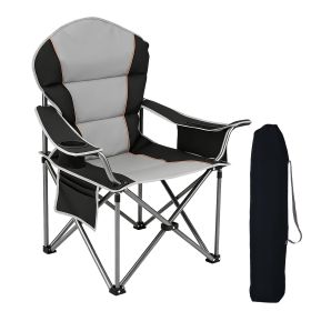 Oversized Camping Folding Chair, Heavy Duty Padded Chair with Cup Holder Storage and Cooler Bag, 5000 LBS Steel Frame, Portable for Outdoor (Color: Black grey)